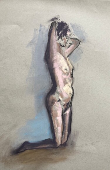 Disegno intitolato "Kneeling nude" da Jane Wong, Opera d'arte originale, Carbone