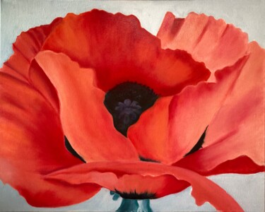 Painting titled "Red Poppy after Geo…" by Jane Wong, Original Artwork, Oil Mounted on Wood Stretcher frame