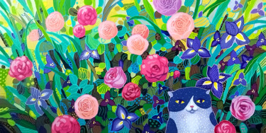 Painting titled "Roses, irises, Domi…" by Margot Raven, Original Artwork, Acrylic
