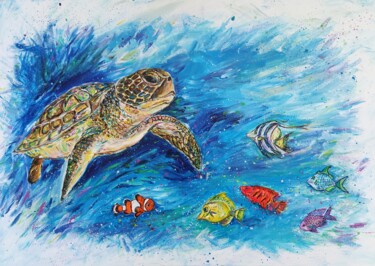 「Turtle」というタイトルの絵画 Kristina Janekovaによって, オリジナルのアートワーク, アクリル ウッドストレッチャーフレームにマウント