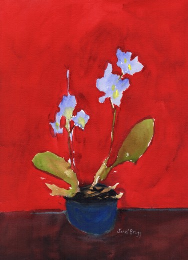 Schilderij getiteld "Orchid with Red Bac…" door Janel Bragg, Origineel Kunstwerk, Aquarel