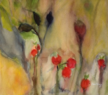 Painting titled "Rose Hips in Gold" by Janel Bragg, Original Artwork, Watercolor