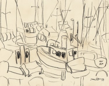 Rysunek zatytułowany „Boats in Anacortes…” autorstwa Janel Bragg, Oryginalna praca, Węgiel drzewny