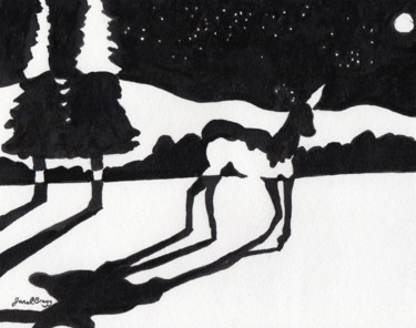Malarstwo zatytułowany „Deer at Night in th…” autorstwa Janel Bragg, Oryginalna praca, Atrament