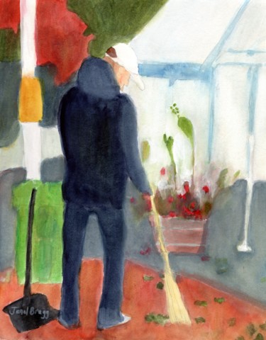 Painting titled "Man Sweeping at Roc…" by Janel Bragg, Original Artwork, Watercolor