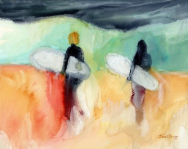 Peinture intitulée "Surfers at Hanalei…" par Janel Bragg, Œuvre d'art originale, Aquarelle