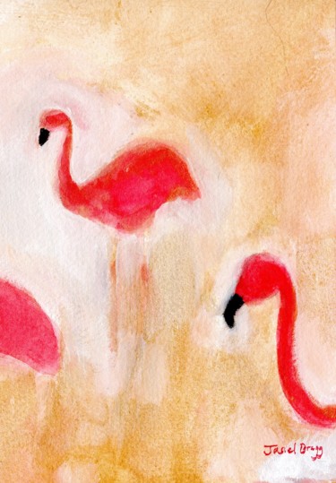Schilderij getiteld "Flamingos at Woodla…" door Janel Bragg, Origineel Kunstwerk, Aquarel