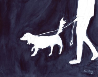 Картина под названием "Woman Walking her D…" - Janel Bragg, Подлинное произведение искусства, Акварель