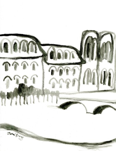 Картина под названием "Paris with Seine Ri…" - Janel Bragg, Подлинное произведение искусства, Масло