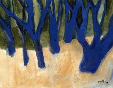 Malerei mit dem Titel "Blue Trees with Car…" von Janel Bragg, Original-Kunstwerk, Aquarell