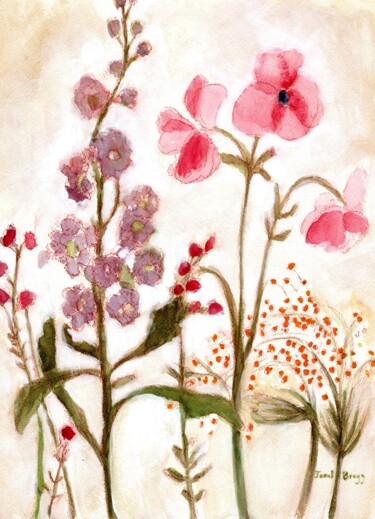 Картина под названием "Floral with Pink an…" - Janel Bragg, Подлинное произведение искусства, Акварель