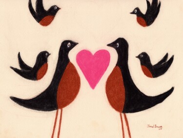 Pittura intitolato "Robins in Love" da Janel Bragg, Opera d'arte originale, Carbone