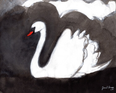 Ζωγραφική με τίτλο "Swan on Stormy Lake…" από Janel Bragg, Αυθεντικά έργα τέχνης, Ακουαρέλα