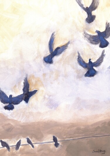 Painting titled "Pigeons in Flight f…" by Janel Bragg, Original Artwork, Watercolor