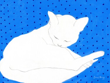 Schilderij getiteld "White Cat on Blue w…" door Janel Bragg, Origineel Kunstwerk, Aquarel