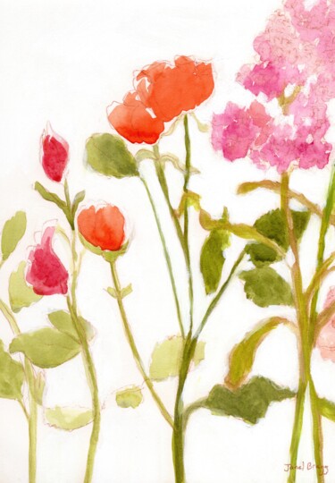 Картина под названием "Floral with Orange…" - Janel Bragg, Подлинное произведение искусства, Акварель