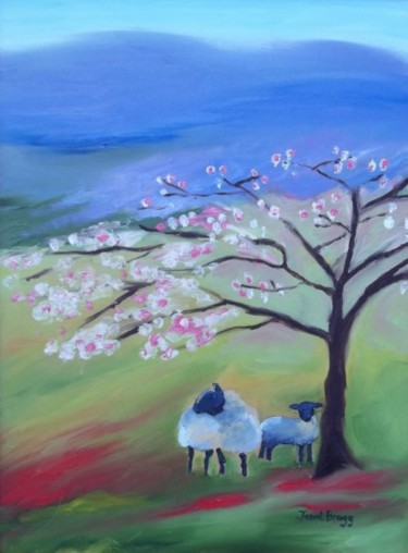 Schilderij getiteld "Sheep and Cherry Tr…" door Janel Bragg, Origineel Kunstwerk, Olie