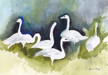 Painting titled "Trumpeter Swans in…" by Janel Bragg, Original Artwork, Oil