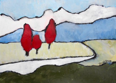 Schilderij getiteld "Three Red Trees Lan…" door Janel Bragg, Origineel Kunstwerk, Olie