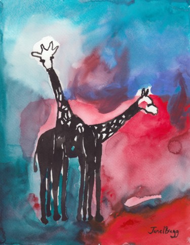 Painting titled "Giraffes at the Sea…" by Janel Bragg, Original Artwork, Watercolor