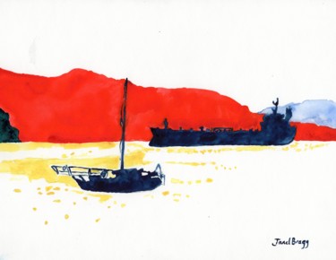 Malerei mit dem Titel "Sailboat and Tanker" von Janel Bragg, Original-Kunstwerk, Aquarell