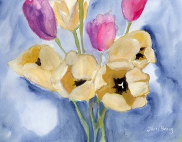 Painting titled "Tulips on Mom's Din…" by Janel Bragg, Original Artwork, Watercolor