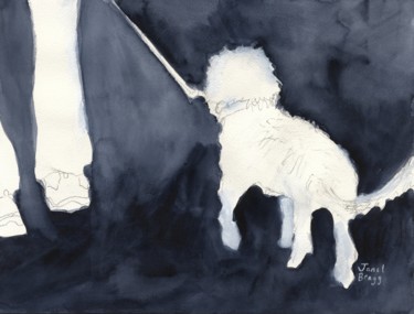 Malarstwo zatytułowany „Man Walking His Dog…” autorstwa Janel Bragg, Oryginalna praca, Akwarela
