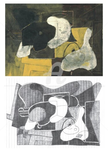 Dessin intitulée "À table avec Picasso" par Janemi Lee-Grolier, Œuvre d'art originale, Crayon