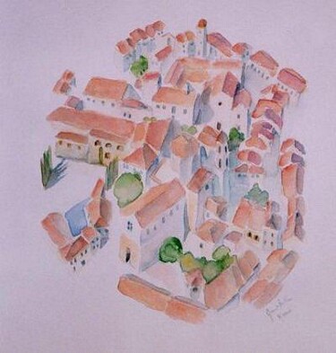 Painting titled "Medieval Village in…" by Janet Butler, Original Artwork, Oil