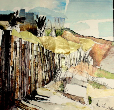 Collages titled "Serignan plage #2" by Janet Daldy, Original Artwork, Collages Mounted on Cardboard
