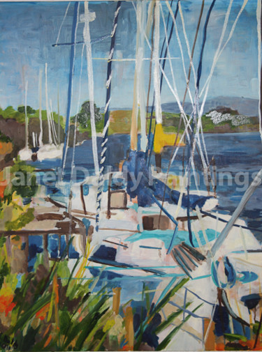 Painting titled "Bateaux sur l'Orb" by Janet Daldy, Original Artwork, Oil