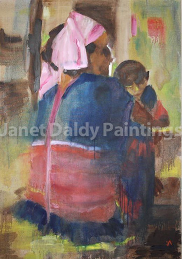 Peinture intitulée "Mum and baby in Tha…" par Janet Daldy, Œuvre d'art originale, Huile