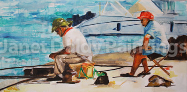 Peinture intitulée "Pêcheurs sur le port" par Janet Daldy, Œuvre d'art originale, Huile