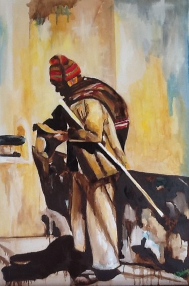 Schilderij getiteld "Homme, Bolivie" door Janet Daldy, Origineel Kunstwerk, Olie