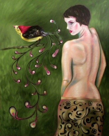 Pintura titulada "El beso del pájaro" por Janeth Valdez, Obra de arte original, Otro