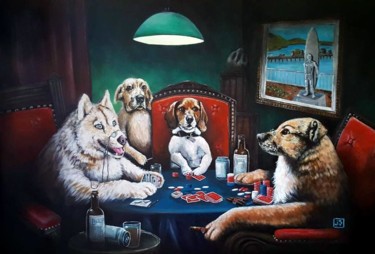 Pintura intitulada "Santa Cruz Dogs Pla…" por Janice Serilla, Obras de arte originais, Acrílico