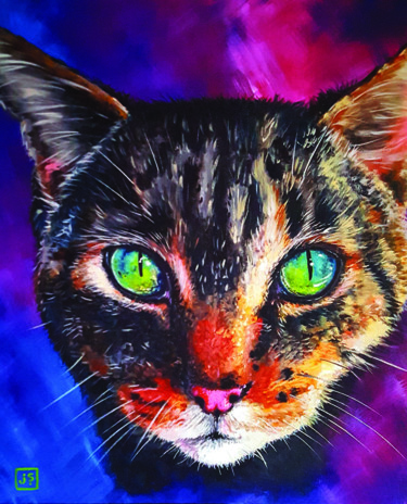 Malerei mit dem Titel "Cosmic cat" von Janice Serilla, Original-Kunstwerk, Acryl