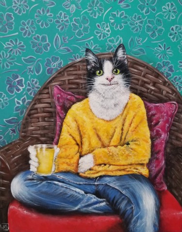 Painting titled "Momo the cat drinki…" by Janice Serilla, Original Artwork, Acrylic
