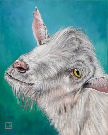 Painting titled "Hey little goat!" by Janice Serilla, Original Artwork, Acrylic Mounted on Wood Stretcher frame