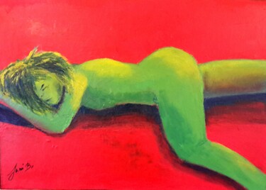 Peinture intitulée "Rêveuse nue verte /…" par Janie B., Œuvre d'art originale, Huile