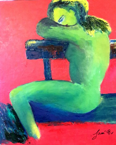 Peinture intitulée "femme verte sur un…" par Janie B., Œuvre d'art originale, Huile