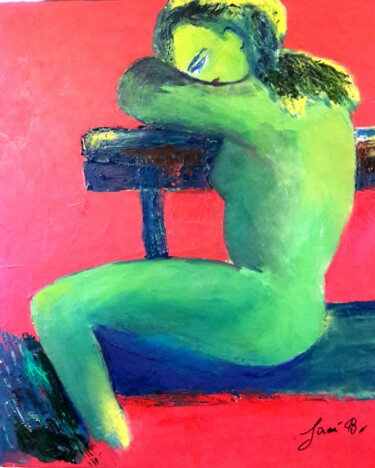 Painting titled "femme verte sur un…" by Janie B., Original Artwork, Oil