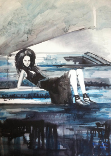 Peinture intitulée "Witch on stairs" par Janie Richard, Œuvre d'art originale, Aquarelle