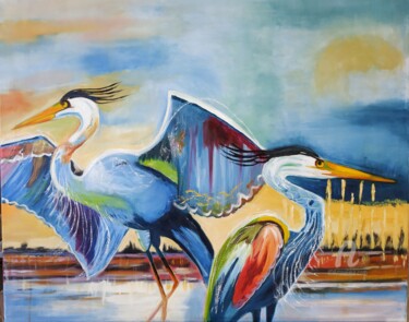 Painting titled "Hérons" by Janie Marty-Rozet, Original Artwork, Oil