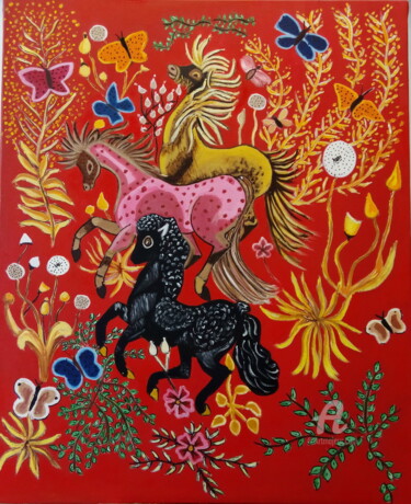 Painting titled "Les 3 poneys" by Janie Marty-Rozet, Original Artwork, Oil