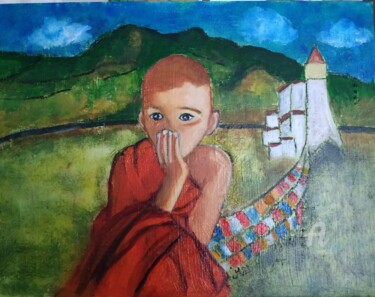 Malerei mit dem Titel "Enfant Tibétain" von Janie Marty-Rozet, Original-Kunstwerk, Öl
