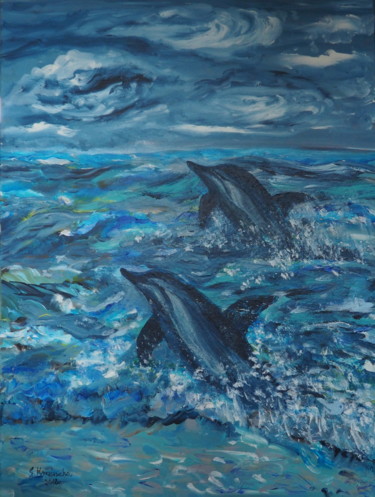 Painting titled "Dolphins (Delfiny)" by Janina Krasnicka, Original Artwork, Acrylic