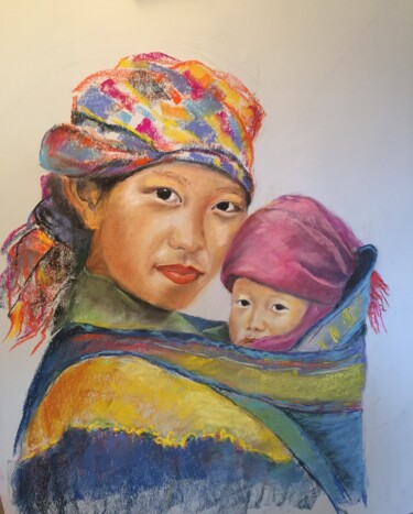 Картина под названием "jeune maman tibétai…" - Janine Chetivet, Подлинное произведение искусства, Пастель