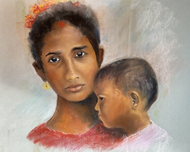 Pintura intitulada "maman indienne" por Janine Chetivet, Obras de arte originais, Pastel