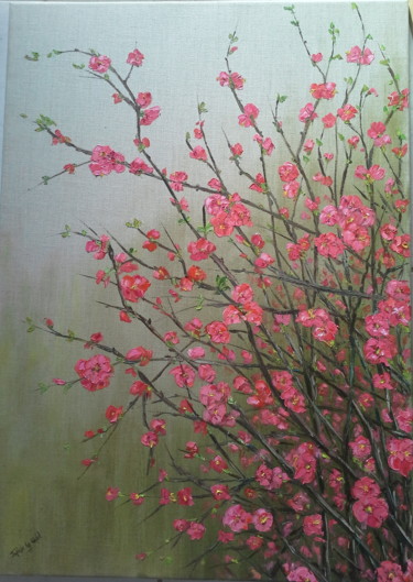 Peinture intitulée "fleurs du Japon" par Janine Le Cann, Œuvre d'art originale, Huile